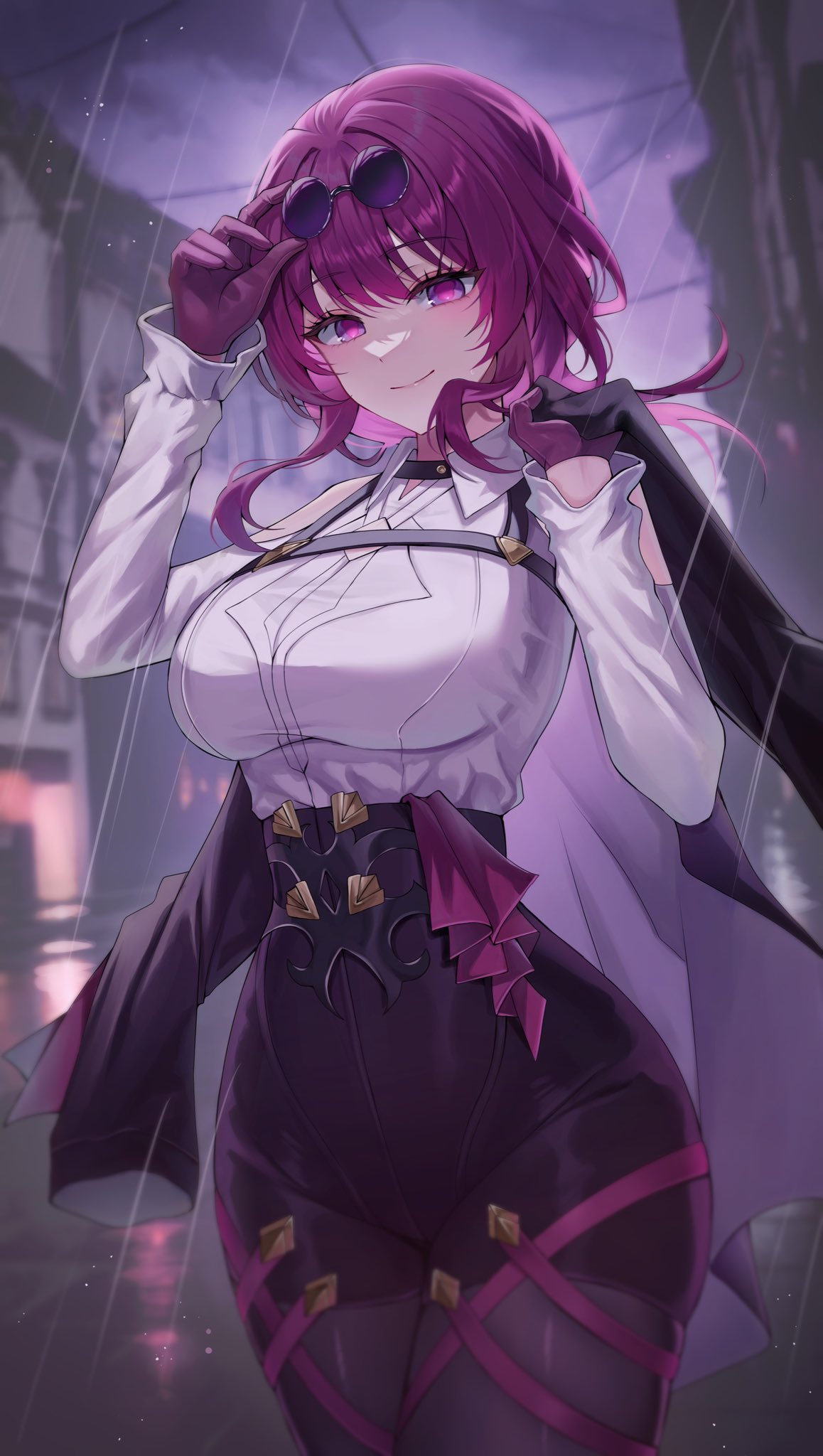 1girl adjusting_eyewear black_shorts breasts commentary gloves hands_up high-waist_shorts highres honkai:_star_rail honkai_(series) ien_(to_yen) kafka_(honkai:_star_rail) large_breasts long_hair long_sleeves looking_at_viewer pantyhose purple_eyes purple_gloves purple_hair rain shirt short_shorts shorts smile solo sunglasses white_shirt