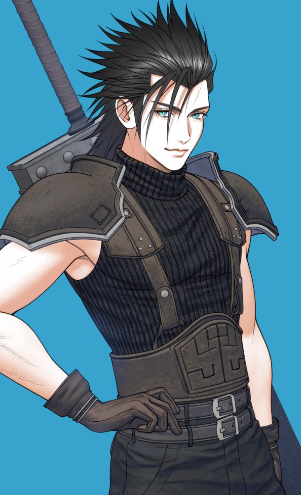 1boy armor belt belt_buckle black_gloves black_hair black_pants black_sweater blue_background blue_eyes buckle buster_sword closed_mouth crisis_core_final_fantasy_vii final_fantasy final_fantasy_vii final_fantasy_vii_rebirth final_fantasy_vii_remake gloves hair_slicked_back hand_on_own_hip ko102k1 looking_at_viewer male_focus multiple_belts pants ribbed_sweater shoulder_armor sleeveless sleeveless_turtleneck solo spiked_hair sweater sword sword_on_back turtleneck turtleneck_sweater upper_body weapon weapon_on_back zack_fair