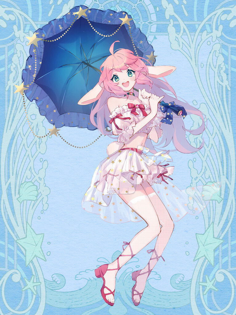 1girl :d ahoge animal_ears bare_shoulders blue_background blue_umbrella bow choker dairoku_ryouhei full_body green_eyes holding holding_umbrella looking_at_viewer midriff navel parasol pink_hair rabbit_ears rabbit_tail red_bow sandals skirt smile solo tail toco_ovo umbrella white_skirt