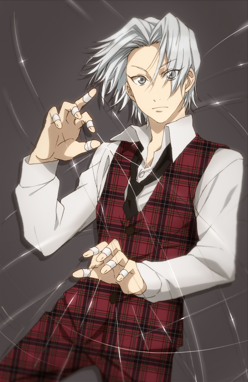 1boy bad_id bad_pixiv_id grey_eyes grey_hair guy_christopher highres karakuri_circus looking_at_viewer loose_necktie male_focus nagiko_(mangalove1111) necktie plaid plaid_vest solo string unmoving_pattern vest