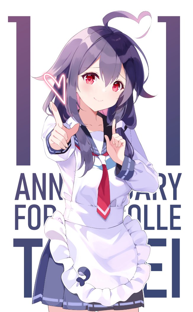 1girl ahoge apron heart kantai_collection looking_at_viewer multicolored_hair necktie no_legwear pink_hair pointing pointing_at_self pointing_at_viewer purple_hair red_eyes rei_(rei's_room) school_uniform skirt smile taigei_(kancolle) text_background twintails white_apron white_background