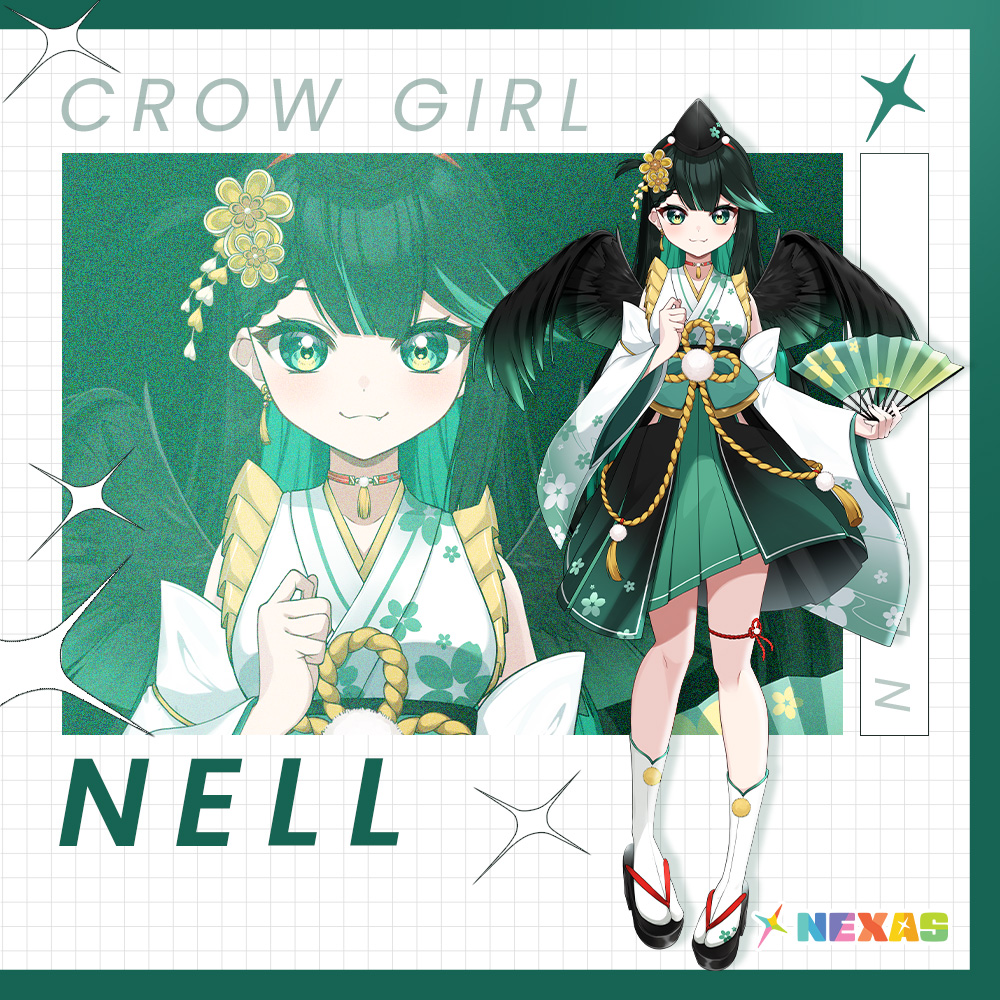1girl :3 aica_61 black_footwear black_hat character_name choker commentary detached_sleeves dress english_commentary english_text fang flower full_body green_dress green_eyes green_hair grid hair_between_eyes hair_flower hair_ornament hand_fan hat holding holding_fan japanese_clothes kimono logo nell_(nexas) nexas_(vtuber_agency) official_art red_choker sandals standing tabi virtual_youtuber wide_sleeves