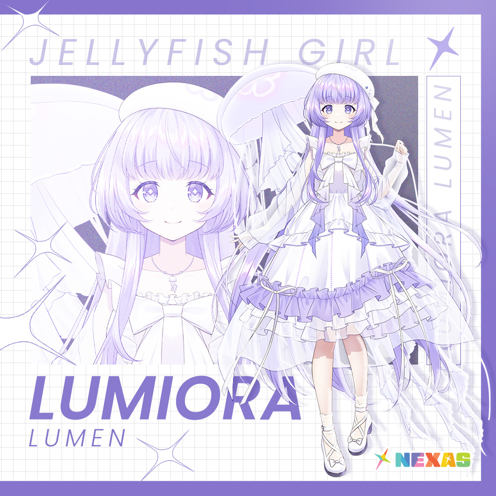 1girl beret bow character_name closed_mouth commentary detached_sleeves dress english_commentary english_text footwear_bow frilled_dress frills full_body gradient_bow grid haruyuki_14 hat jellyfish jewelry lace_socks layered_dress logo long_hair long_sleeves looking_at_viewer lumiora_lumen necklace nexas_(vtuber_agency) official_art purple_eyes purple_hair see-through see-through_sleeves sidelocks smile standing symbol_in_eye very_long_hair virtual_youtuber white_bow white_dress white_footwear white_hat