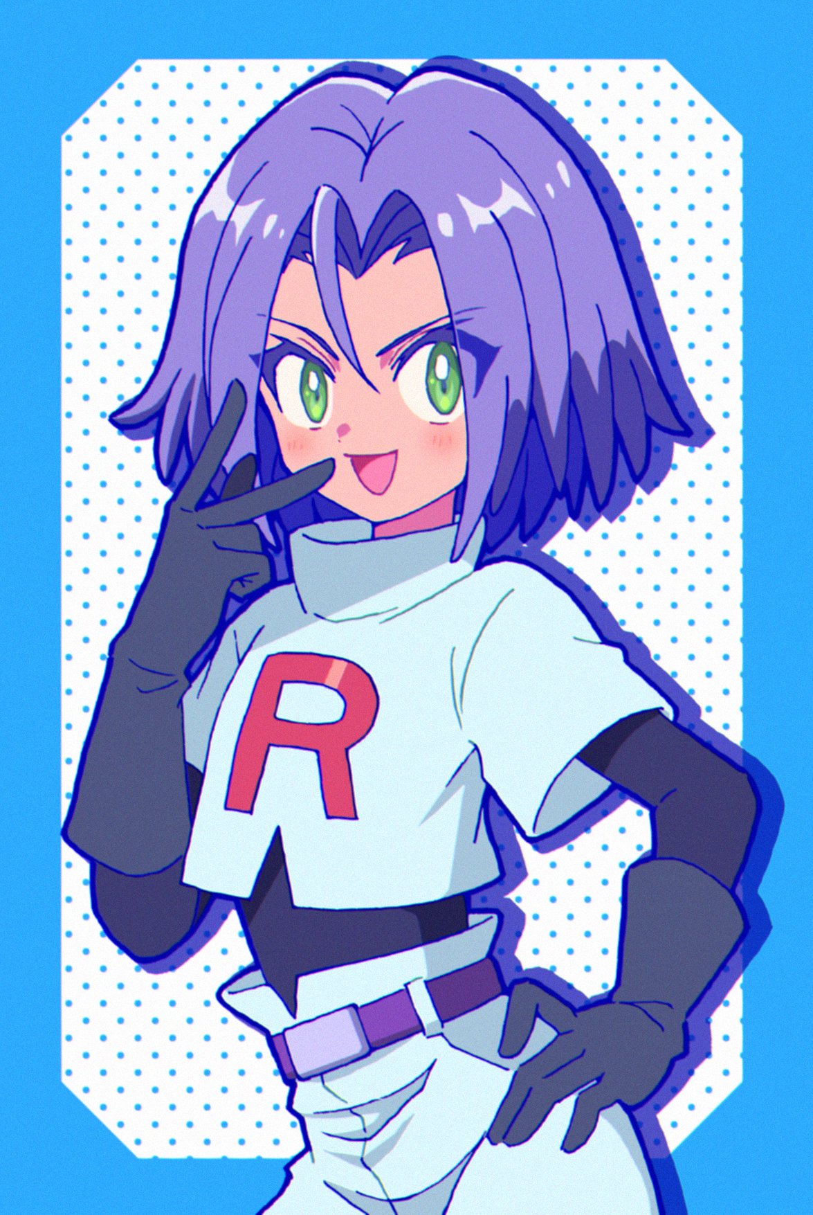 belt blue_background blush can't_be_this_cute dots green_eyes highres james_(pokemon) looking_at_viewer macchiromomomo pokemon pokemon_(anime) pokemon_the_movie:_secrets_of_the_jungle polka_dot purple_belt purple_hair smile team_rocket team_rocket_uniform