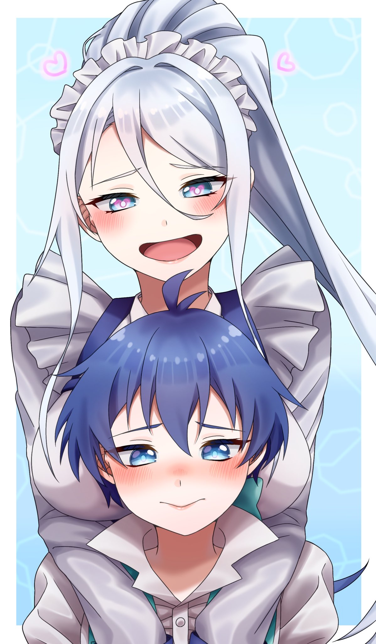 1boy 1girl ahoge apron arms_around_neck blue_eyes blue_hair blush breast_press breasts breasts_on_another's_back hair_between_eyes heart heart-shaped_pupils highres hug hug_from_behind large_breasts lips lloyd_de_saloum long_bangs long_hair looking_at_another looking_down maid maid_apron maid_headdress ponytail sirata_maru000 smile sylpha_(dai_nana_oji) symbol-shaped_pupils tensei_shitara_dai_nana_oji_datta_no_de:_kimama_ni_majutsu_o_kiwamemasu very_long_hair white_apron white_hair white_headdress