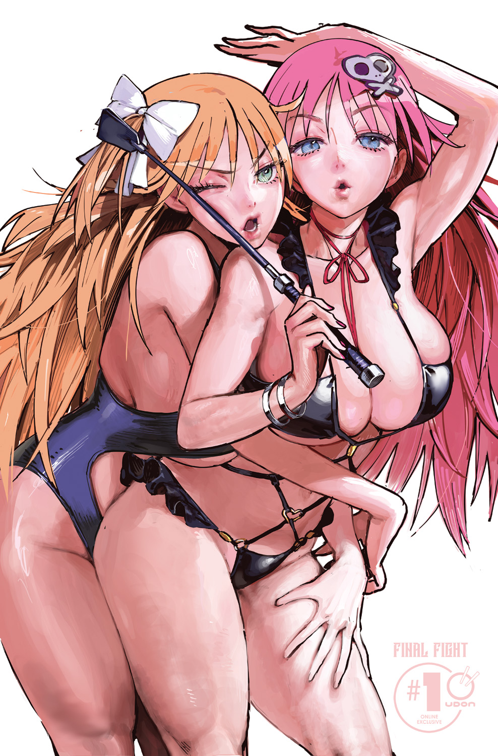 2girls bikini blonde_hair blue_eyes bow breasts conto final_fight green_eyes hair_bow hair_ornament hand_on_another's_thigh highres holding_riding_crop hug hug_from_behind multiple_girls official_art one_eye_closed pink_hair poison_(final_fight) riding_crop roxy_(final_fight) skull_and_crossbones skull_hair_ornament swimsuit thighs udon_entertainment