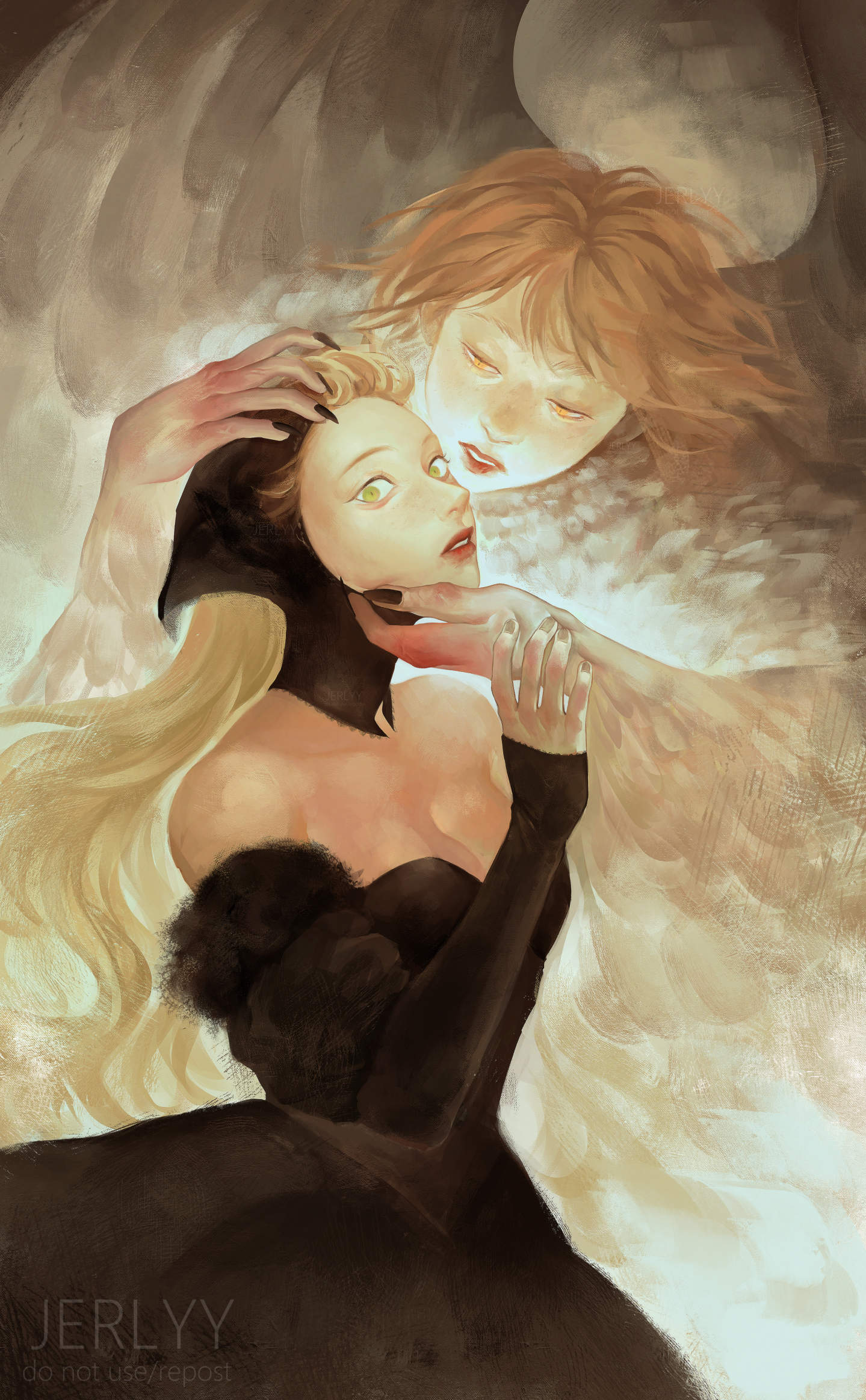 2girls artist_name bare_shoulders black_dress blonde_hair breasts cleavage commentary couple detached_sleeves dress dungeon_meshi english_commentary falin_touden falin_touden_(chimera) feathered_wings feathers fingernails green_eyes hands_on_another's_head highres jerlyy long_hair looking_afar looking_at_another marcille_donato marcille_donato_(lord) multiple_girls parted_lips red_lips sharp_fingernails short_hair spoilers white_feathers wings yuri