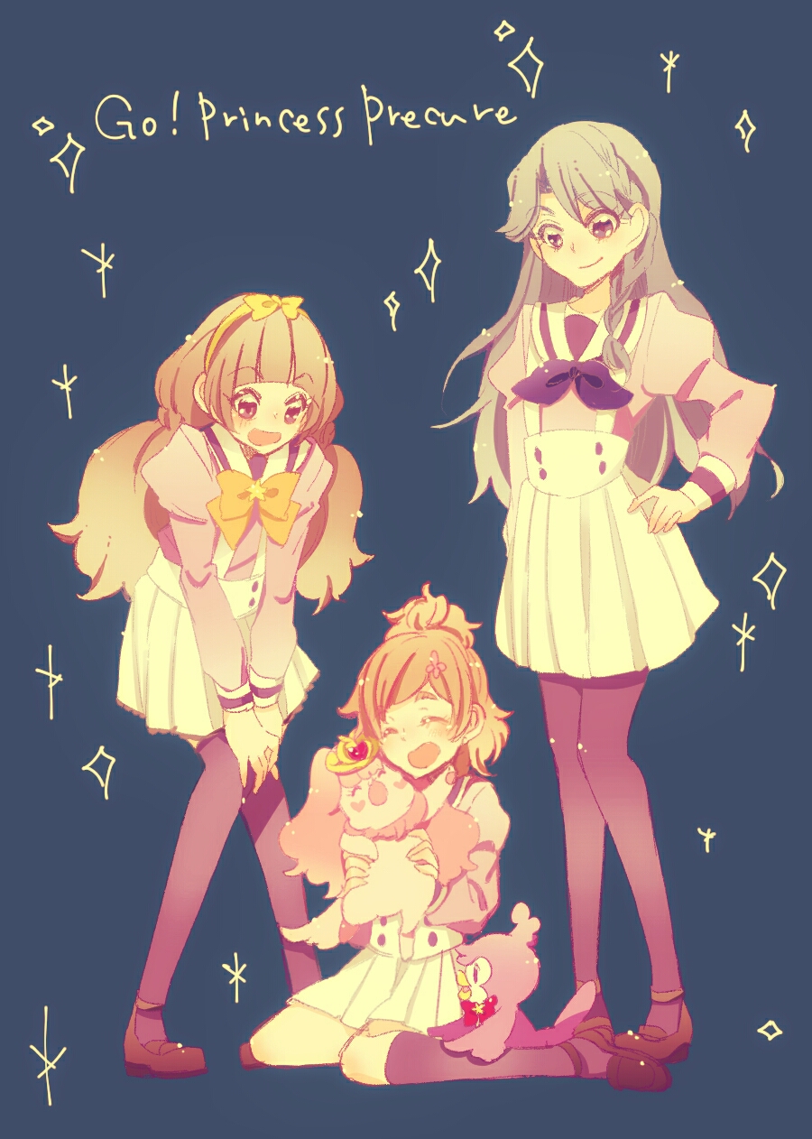 amanogawa_kirara aroma_(go!_princess_precure) bangs bird blue_eyes blue_hair blunt_bangs braid brown_hair closed_eyes dog flower go!_princess_precure hair_flower hair_ornament hairband hand_on_hip haruno_haruka highres kaidou_minami long_hair low_twintails multiple_girls noble_academy_school_uniform pantyhose precure puff_(go!_princess_precure) purple_legwear school_uniform short_hair single_braid smile socks sorato_(astllatte) twintails very_long_hair