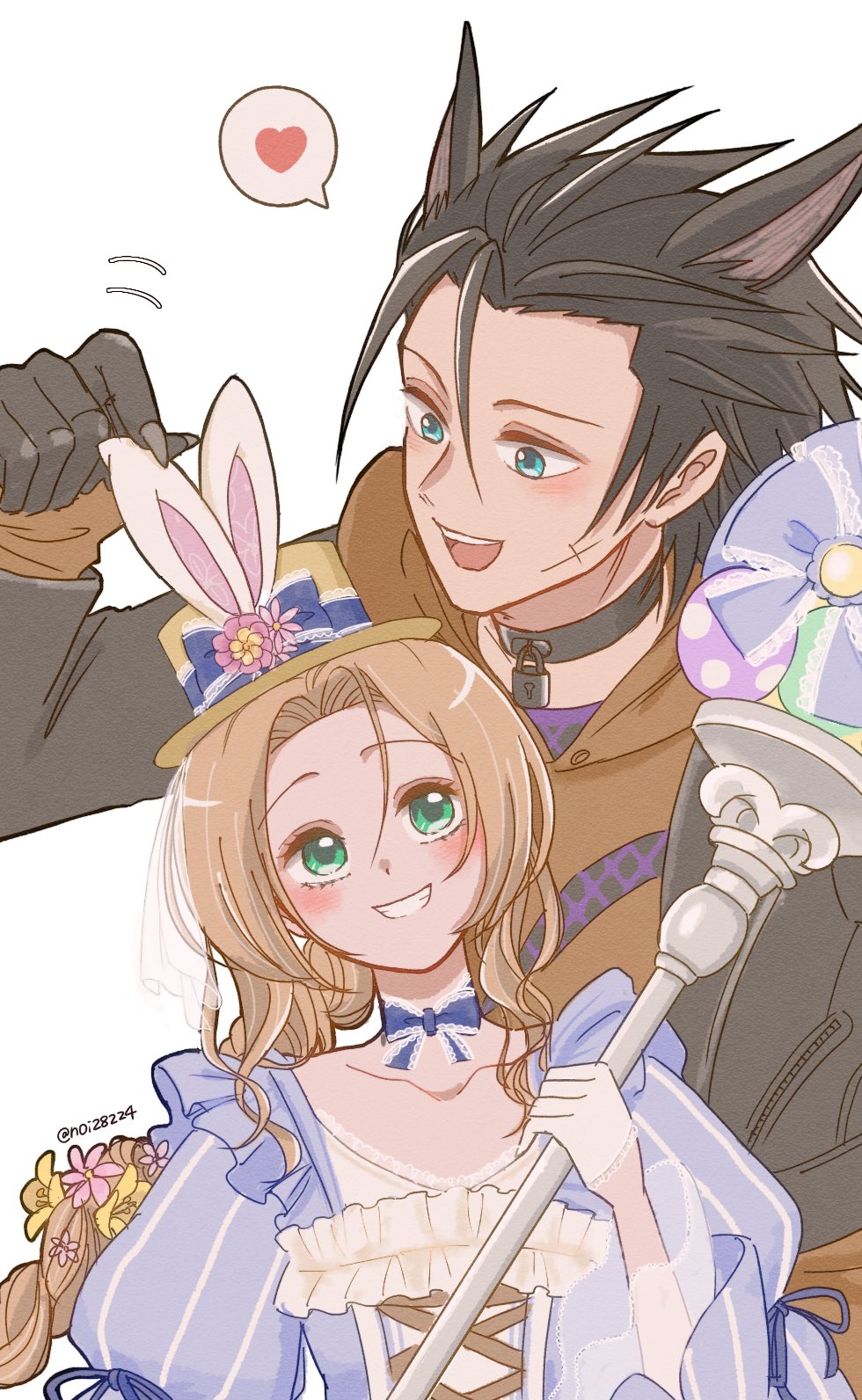 1boy 1girl aerith_gainsborough aerith_gainsborough_(classic_coney) animal_ears black_choker black_gloves black_hair black_jacket blue_dress blue_eyes blue_ribbon blush braid braided_ponytail brown_hair choker collarbone couple cross_scar dress easter easter_egg egg final_fantasy final_fantasy_vii final_fantasy_vii_ever_crisis flower gloves green_eyes grin hair_flower hair_ornament hair_slicked_back halloween_costume hat heart height_difference highres holding holding_staff hood hood_down hoodie jacket long_hair long_sleeves looking_at_another noi official_alternate_costume open_clothes open_jacket open_mouth orange_hoodie parted_bangs puffy_sleeves rabbit_ears ribbon ribbon_choker scar scar_on_cheek scar_on_face simple_background smile spiked_hair spoken_heart staff teeth twitter_username upper_body upper_teeth_only white_background white_gloves wolf_ears zack_fair zack_fair_(black_hound)