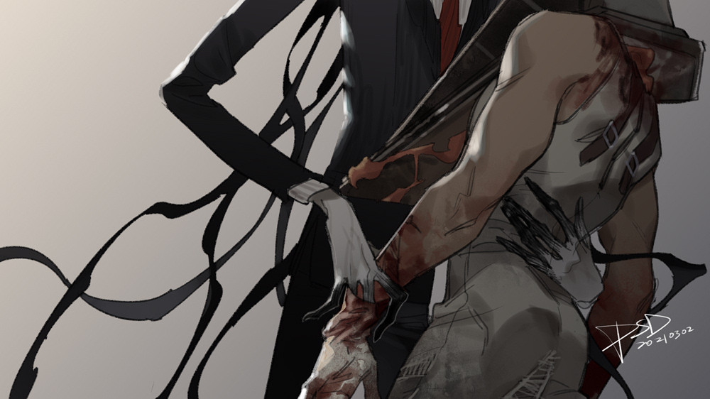 2boys arm_around_waist artist_name black_suit creepypasta dated dress feet_out_of_frame gloves grey_background hand_on_another's_back head_out_of_frame holding_another's_wrist male_focus multiple_boys necktie psd_(psdgai) pyramid_head red_necktie silent_hill_(series) simple_background sleeveless sleeveless_dress slender_man suit white_dress white_gloves yaoi