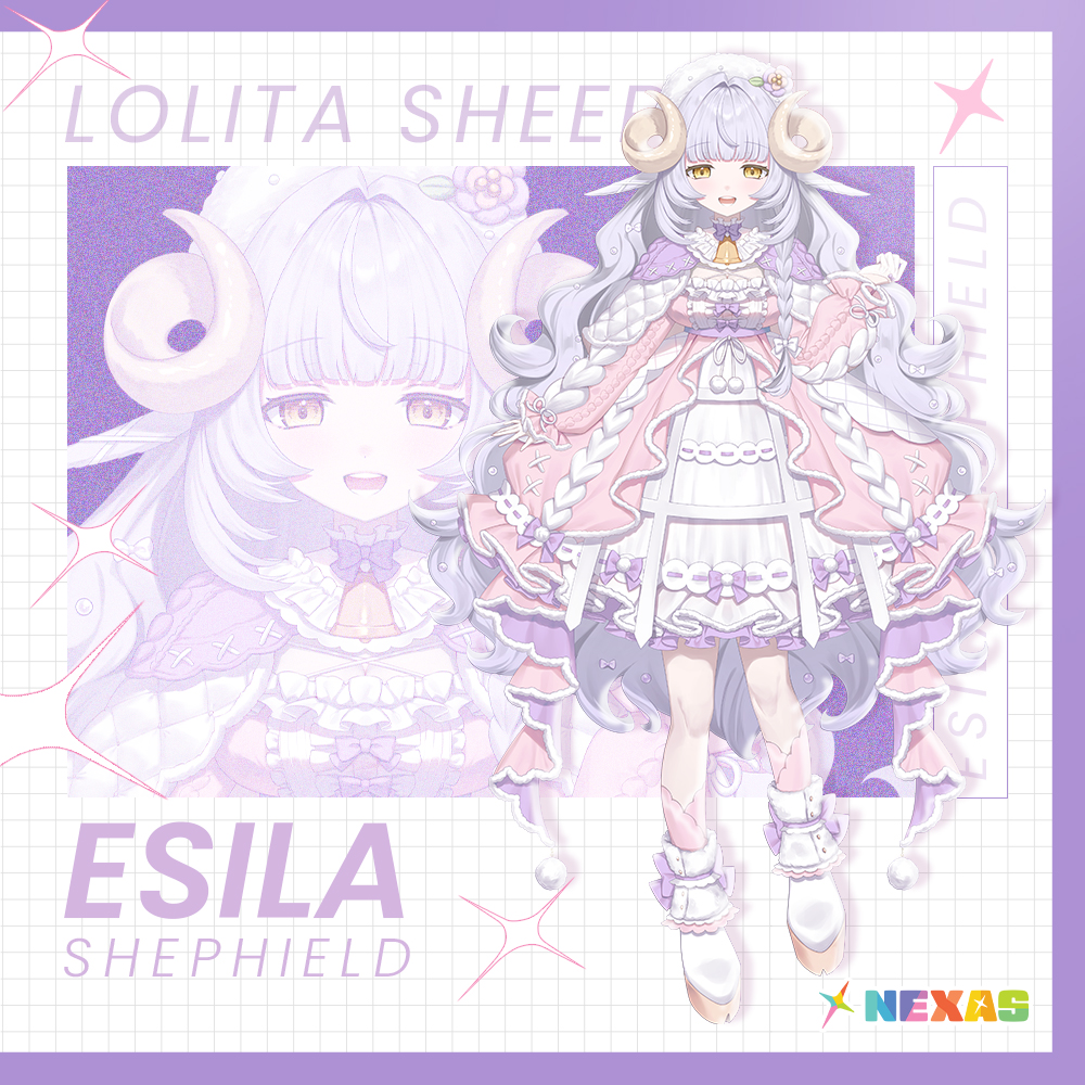 1girl :d bell beret blunt_bangs blush boots bow capelet character_name commentary dress english_commentary english_text esila_shephield flower frilled_dress frills full_body grid hat hat_flower layered_dress logo long_hair lushuao neck_bell nexas_(vtuber_agency) official_art open_mouth pink_dress pom_pom_(clothes) purple_bow purple_hair sheep_girl sidelocks smile standing teeth tongue very_long_hair virtual_youtuber wavy_hair white_capelet white_footwear white_hat yellow_eyes