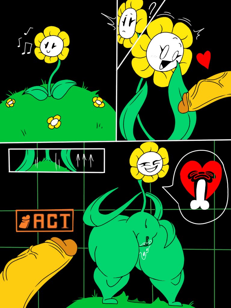 ambiguous_gender big_penis black_background black_eyes bodily_fluids comic crossgender disembodied_penis duo elemental_creature eyelashes female flora_fauna flower flower_creature flowey_the_flower frisk_(undertale) gameplay_mechanics genital_fluids genitals geometric_background grass green_body green_pussy grid_background grin hand_on_hip heart_symbol huge_hips huge_penis huge_thighs human inviting inviting_to_sex japansadface leaf leaf_arms male mammal monster noseless offscreen_character pattern_background penis plant pussy requesting simple_background smile standing thick_thighs undertale undertale_(series) vaginal_fluids vein veiny_penis wide_hips yellow_body yellow_petals yellow_skin