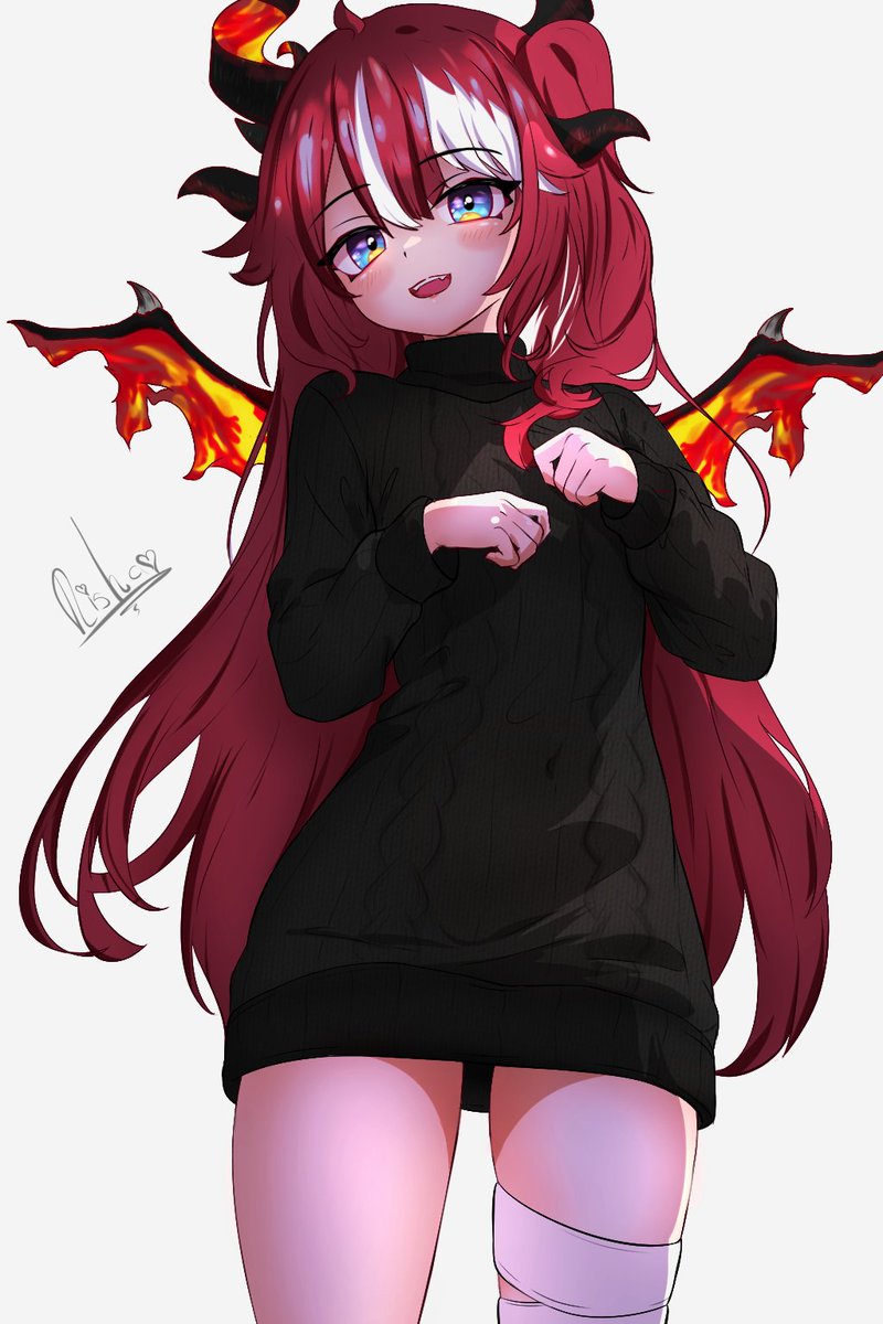 1girl bandaged_leg bandages black_sweater blue_eyes blush dragon_girl dragon_horns dragon_wings hands_up highres horns long_hair long_sleeves looking_at_viewer multicolored_hair open_mouth phase_connect red_hair risha saya_sairroxs signature simple_background smile solo streaked_hair sweater turtleneck turtleneck_sweater virtual_youtuber white_background white_hair wings