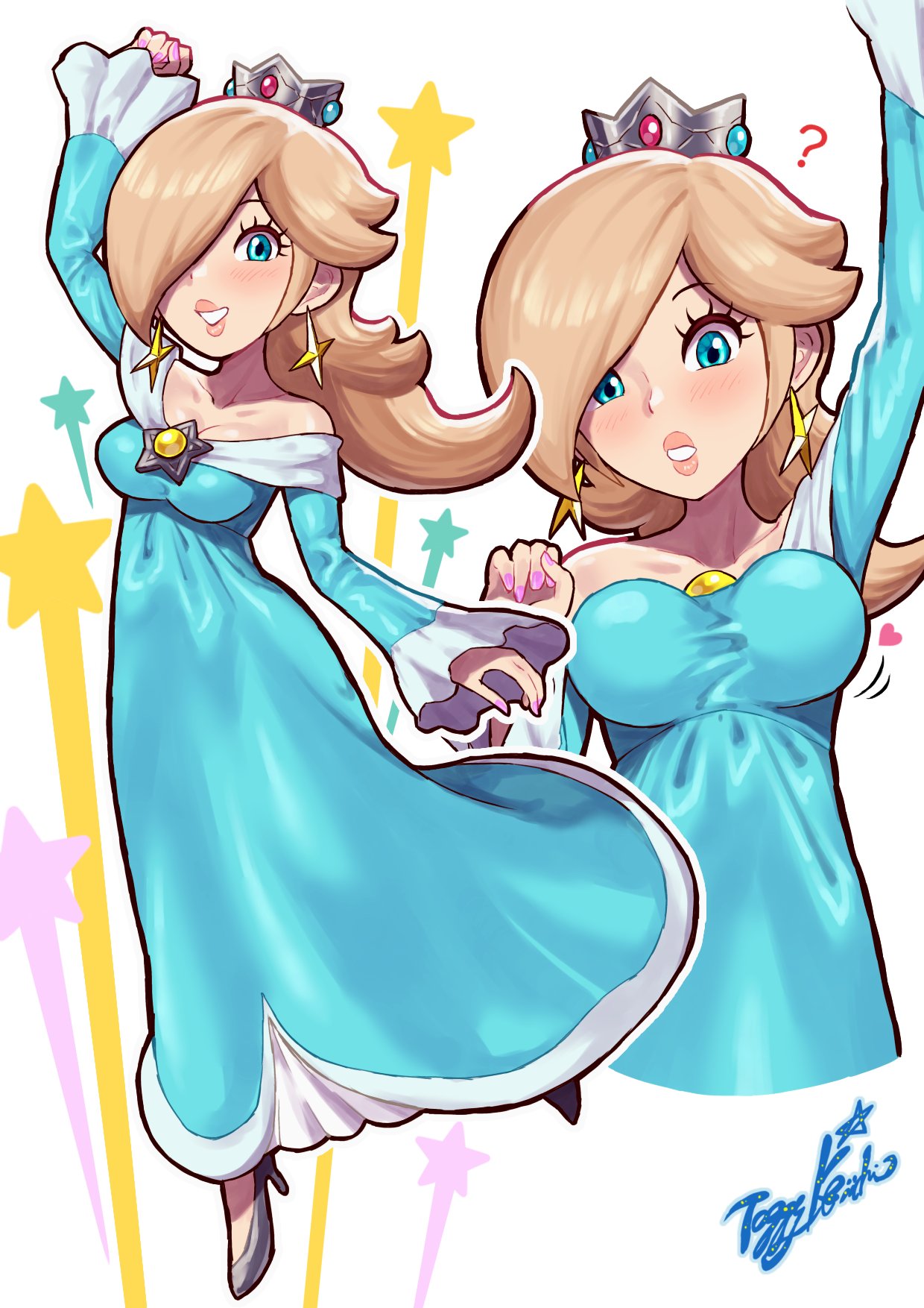 ? aqua_dress aqua_eyes arm_up artist_logo artist_name bare_shoulders blonde_hair blush bouncing_breasts breasts brooch cleavage clenched_hand collarbone crown dress earrings full_body hair_over_one_eye heart highres jewelry jumping long_hair looking_at_viewer looking_down mario_(series) medium_breasts mini_crown multiple_views off-shoulder_dress off_shoulder rosalina simple_background star_(symbol) star_brooch star_earrings toggy_keiichi upper_body white_background