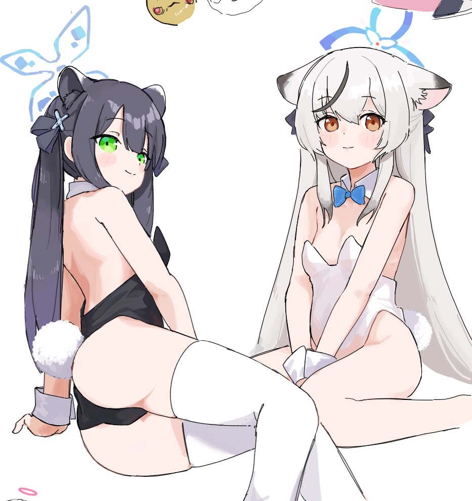 2girls animal_ears ass black_hair black_thighhighs blue_archive breasts brown_eyes detached_collar goreinu_white green_eyes hair_between_eyes halo kokona_(blue_archive) long_hair multiple_girls playboy_bunny rabbit_tail shun_(blue_archive) shun_(small)_(blue_archive) simple_background sitting small_breasts tail thighhighs wariza white_background white_hair wrist_cuffs