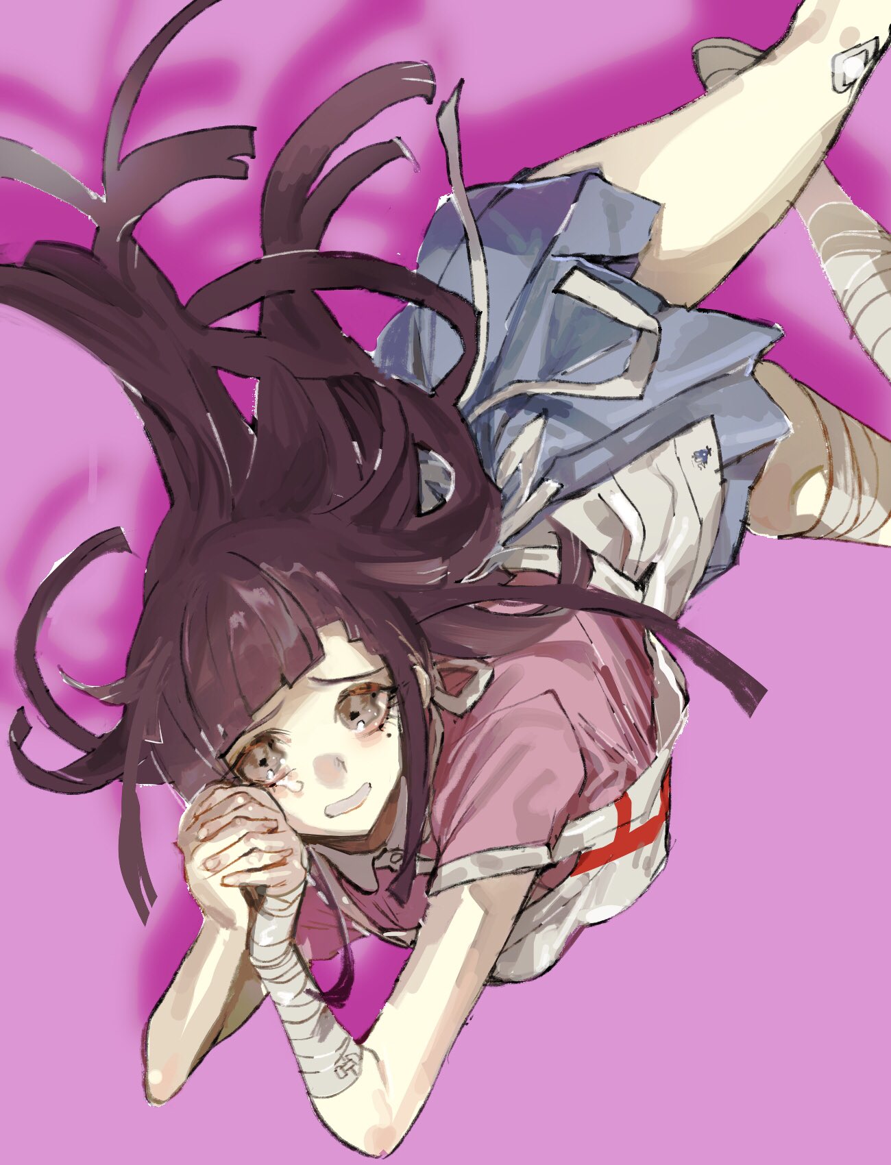 1girl apron back_bow bandaged_arm bandaged_foot bandages bandaid bandaid_on_knee bandaid_on_leg blue_skirt blunt_bangs blunt_ends bow breasts clenched_teeth collar collared_shirt commentary_request crying crying_with_eyes_open danganronpa_(series) danganronpa_2:_goodbye_despair eyelashes falling floating_hair foot_out_of_frame furrowed_brow highres interlocked_fingers long_hair miniskirt mole mole_under_eye own_hands_clasped own_hands_together pink_shirt pink_sleeves pleated_skirt puffy_short_sleeves puffy_sleeves purple_background purple_eyes purple_hair ribbon sad shadow shirt shoes short_sleeves simple_background skirt solo streaming_tears talesofmea tears teeth tsumiki_mikan very_long_hair white_apron white_collar white_footwear white_ribbon