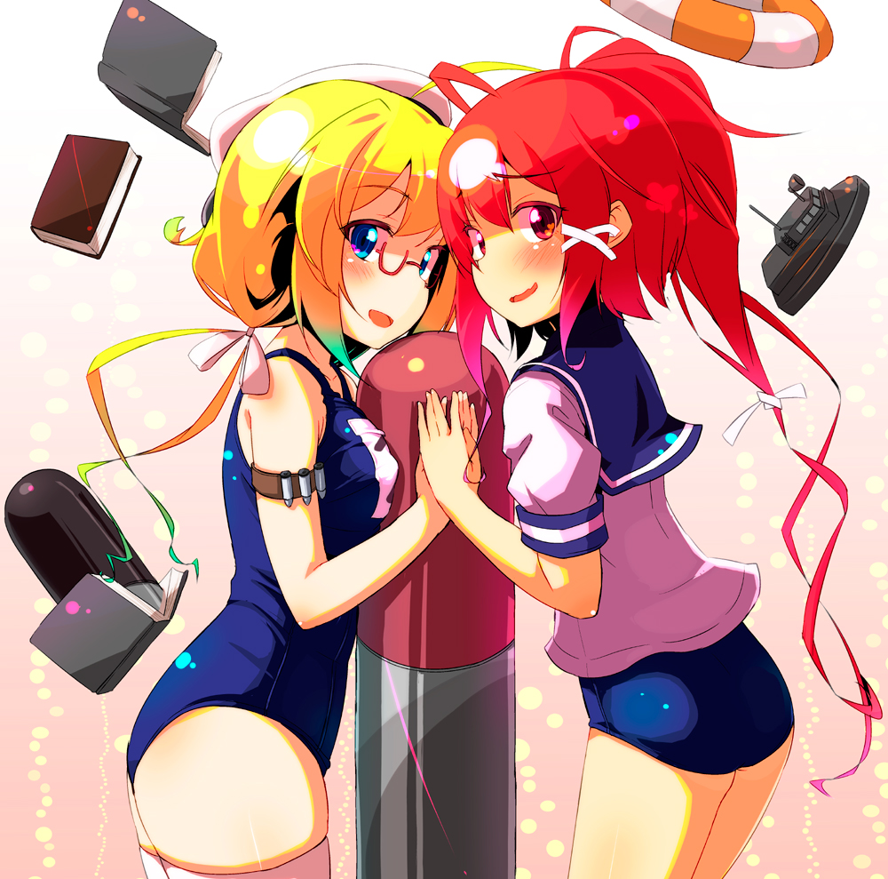 ahoge ass blonde_hair blue_eyes book glasses hair_ribbon hat holding_hands i-168_(kantai_collection) i-8_(kantai_collection) kantai_collection lifebuoy looking_at_viewer low_twintails multiple_girls ponytail red-framed_eyewear red_eyes red_hair ribbon sailor_collar sailor_hat school_swimsuit school_uniform serafuku smile sw swimsuit swimsuit_under_clothes thighhighs torpedo twintails white_legwear