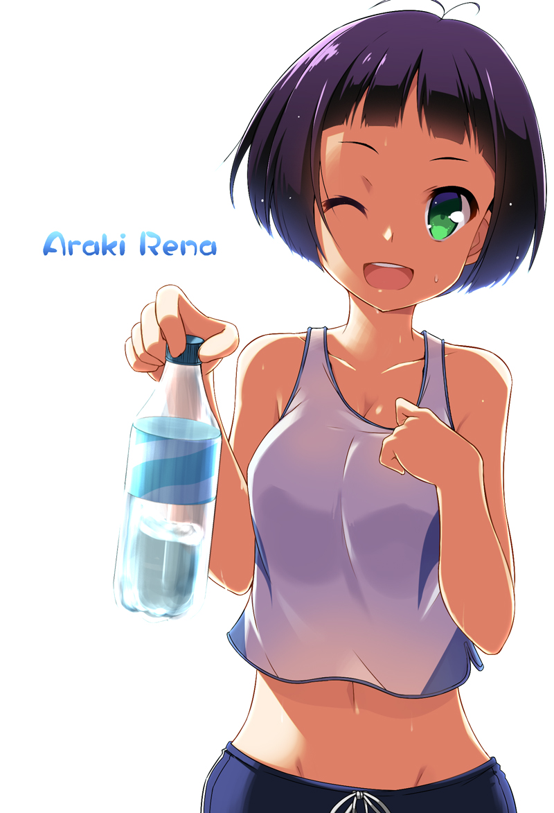 ;d araki_rena blush bottle breasts cleavage green_eyes hoppege looking_at_viewer medium_breasts midriff navel one_eye_closed open_mouth purple_hair short_hair simple_background smile solo sweat tank_top tokyo_7th_sisters water_bottle white_background