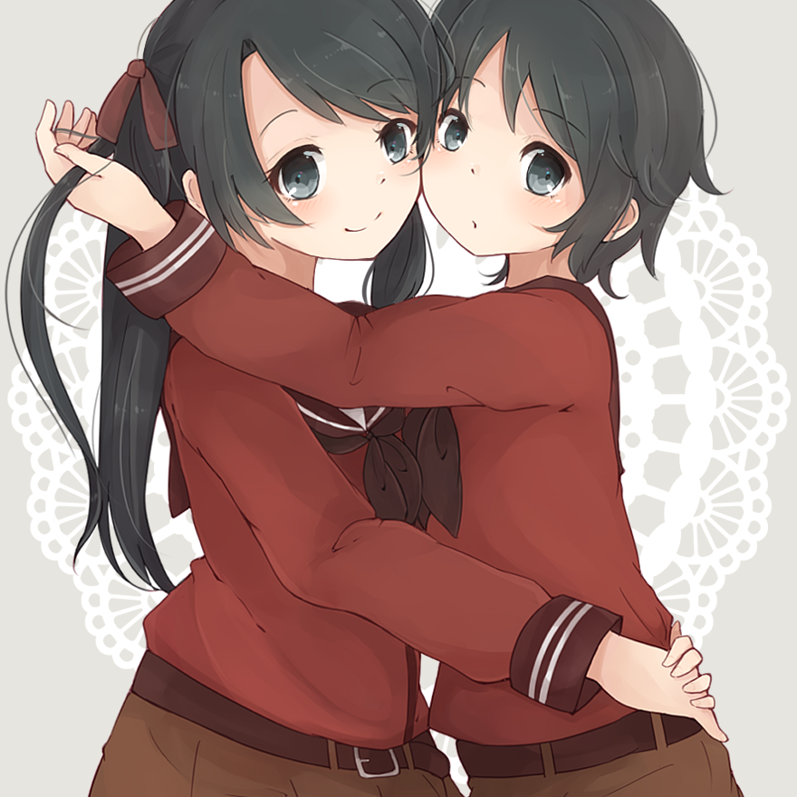 black_eyes black_hair blush hair_ribbon hug kantai_collection long_hair mikuma_(kantai_collection) mogami_(kantai_collection) multiple_girls ribbon riruno short_hair smile twintails uniform yuri