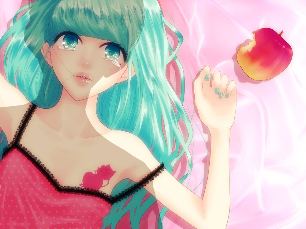 alternate_hairstyle apple aqua_eyes aqua_hair aqua_nails arms_up camisole collarbone flower food fruit hair_in_mouth hatsune_miku lips long_hair lying nail_polish nose on_back romeo_to_cinderella_(vocaloid) rose shadow solo strap_slip tattoo tears vocaloid yunomi_(yunomi_imonuy)