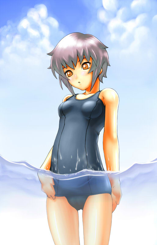 brown_eyes murazono nagato_yuki one-piece_swimsuit school_swimsuit short_hair silver_hair solo suzumiya_haruhi_no_yuuutsu swimsuit wet