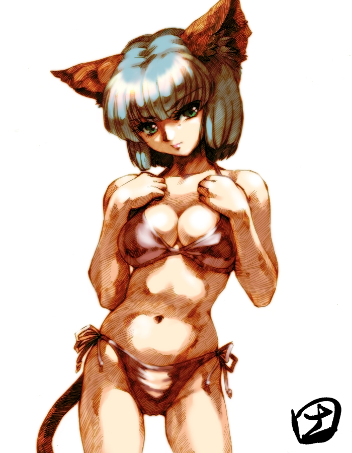 animal_ears bikini blue_hair breast_squeeze breasts cat_ears cleavage copyright_request green_eyes hisahiko large_breasts short_hair side-tie_bikini solo swimsuit tail