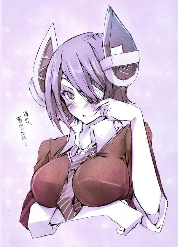 bad_id bad_twitter_id blush cardigan eyepatch kantai_collection kenzaki_raki monochrome necktie short_hair solo tenryuu_(kantai_collection) translated