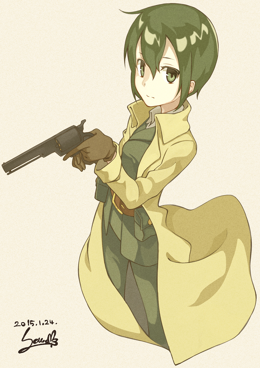 2015 androgynous artist_name coat dated expressionless gloves green_eyes green_hair gun handgun highres holding holding_gun holding_weapon kino kino_no_tabi reverse_trap revolver seu_kaname short_hair solo trigger_discipline weapon