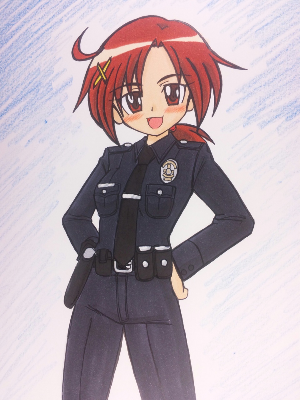 :d ahoge belt belt_pouch commentary_request emblem hair_ornament hands_on_hips highres hino_akane_(smile_precure!) holster kakeru_(msjatl80) looking_at_viewer los_angeles_police_department md5_mismatch necktie open_mouth pants pocket police police_uniform ponytail pouch precure red_hair revision smile smile_precure! solo uniform x_hair_ornament
