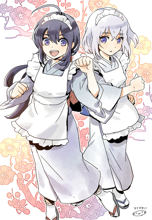 ahoge apron crossdressing flower honebami_toushirou japanese_clothes kimono long_hair looking_at_viewer maid_headdress male_focus mizuhara_aki multiple_boys namazuo_toushirou open_mouth otoko_no_ko purple_eyes purple_hair sandals short_hair tabi touken_ranbu zouri