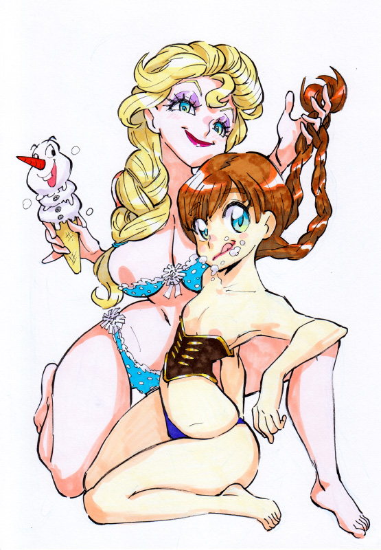 anna_(frozen) blonde_hair bra braid breasts brown_hair corset disney elsa_(frozen) food frozen_(disney) ice_cream ice_cream_cone makeup multiple_girls nipple_slip panties polka_dot_panties rafchu siblings sisters twin_braids underwear