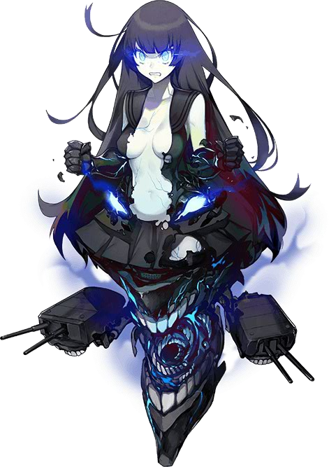 akira_(kadokawa) black_hair blue_eyes breasts claws cleavage clenched_hands clenched_teeth full_body gauntlets kantai_collection light_cruiser_oni long_hair looking_at_viewer machinery medium_breasts official_art shinkaisei-kan solo teeth transparent_background turret