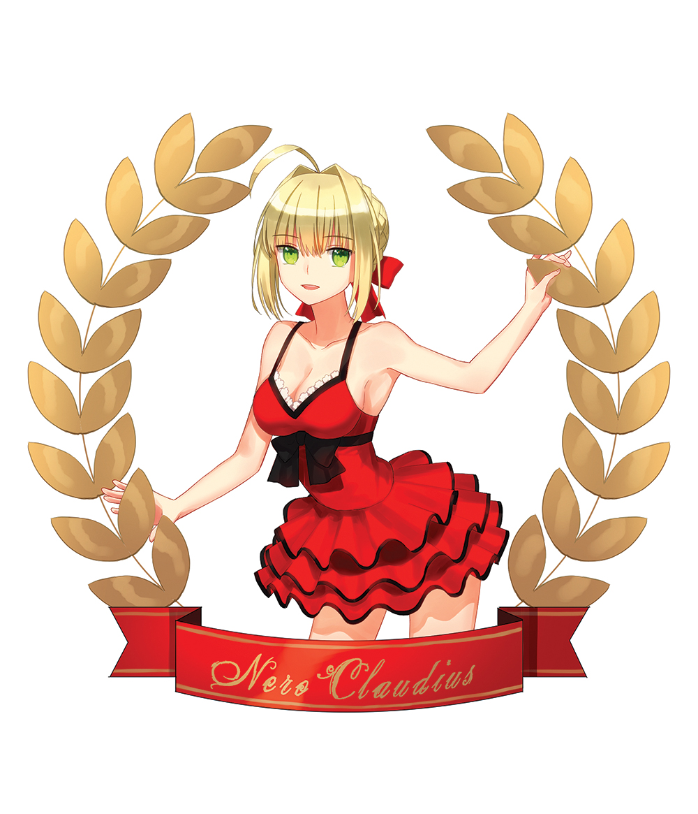 ahoge armpits blonde_hair breasts cleavage dress fate/extra fate_(series) frilled_dress frills green_eyes hair_ribbon medium_breasts modern_costume_of_crimson nero_claudius_(fate) nero_claudius_(fate)_(all) red_dress ribbon solo yaho_(yaho0211)
