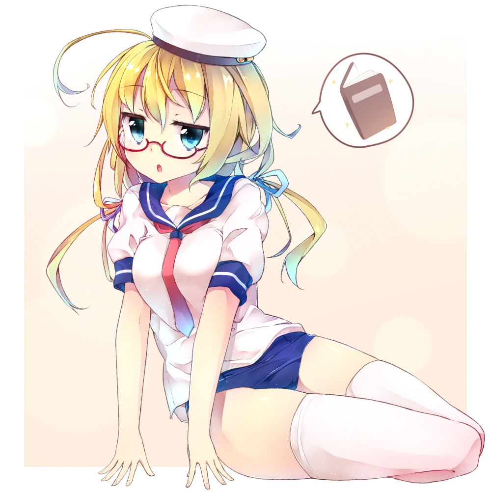 bad_id bad_pixiv_id blonde_hair book breasts fuuen_(akagaminanoka) glasses hat i-8_(kantai_collection) kantai_collection large_breasts long_hair school_swimsuit speech_bubble spoken_object swimsuit twintails