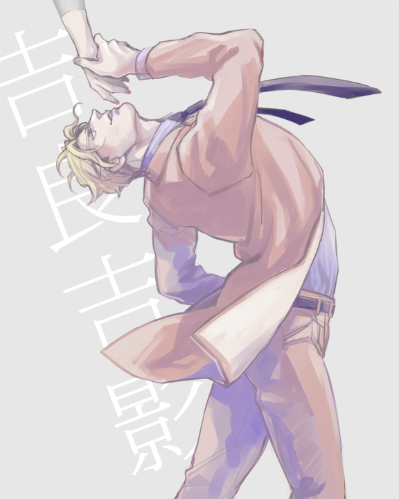 blonde_hair formal holding_hand holding_hands jojo_no_kimyou_na_bouken kijinkutsu kira_yoshikage necktie suit