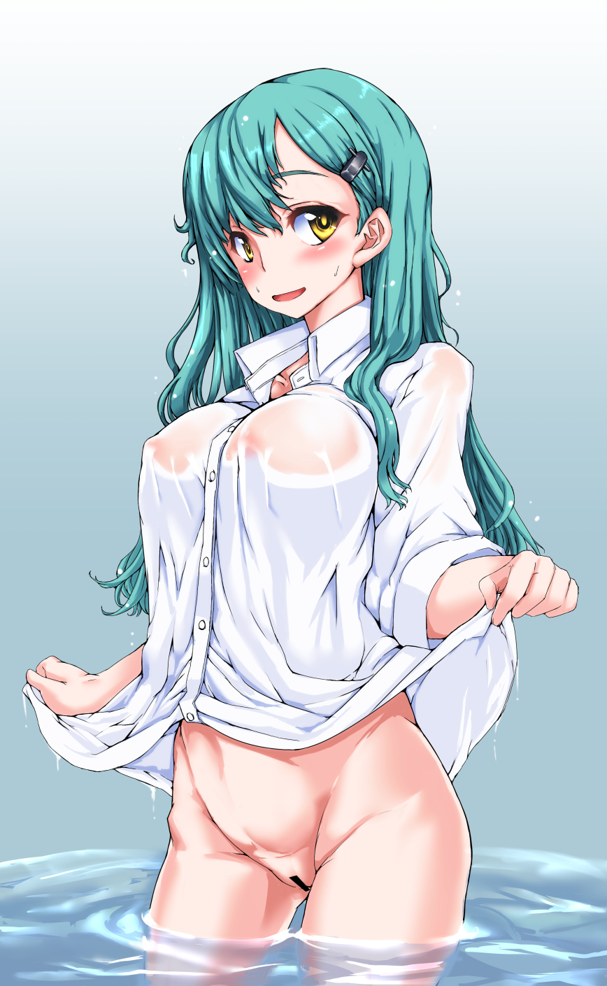 bokuso bottomless breasts censored green_hair hair_ornament hairclip highres kantai_collection large_breasts long_hair naked_shirt pussy see-through shirt solo standing suzuya_(kantai_collection) wading water wet yellow_eyes