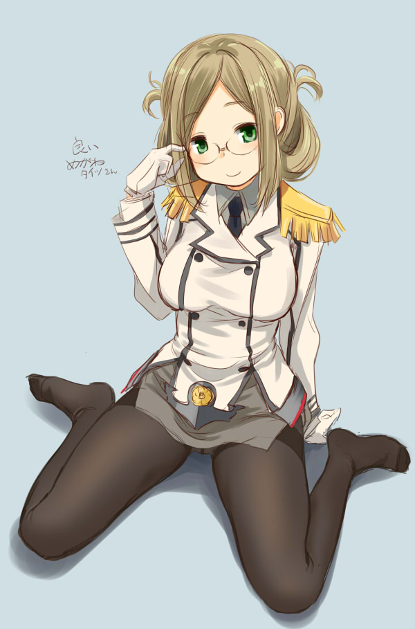 adjusting_eyewear arm_support black_legwear breasts brown_hair double-breasted epaulettes glasses gloves green_eyes kantai_collection katori_(kantai_collection) large_breasts miniskirt no_shoes panties panties_under_pantyhose pantyhose retsumaru sitting skirt smile solo thighband_pantyhose underwear uniform wariza
