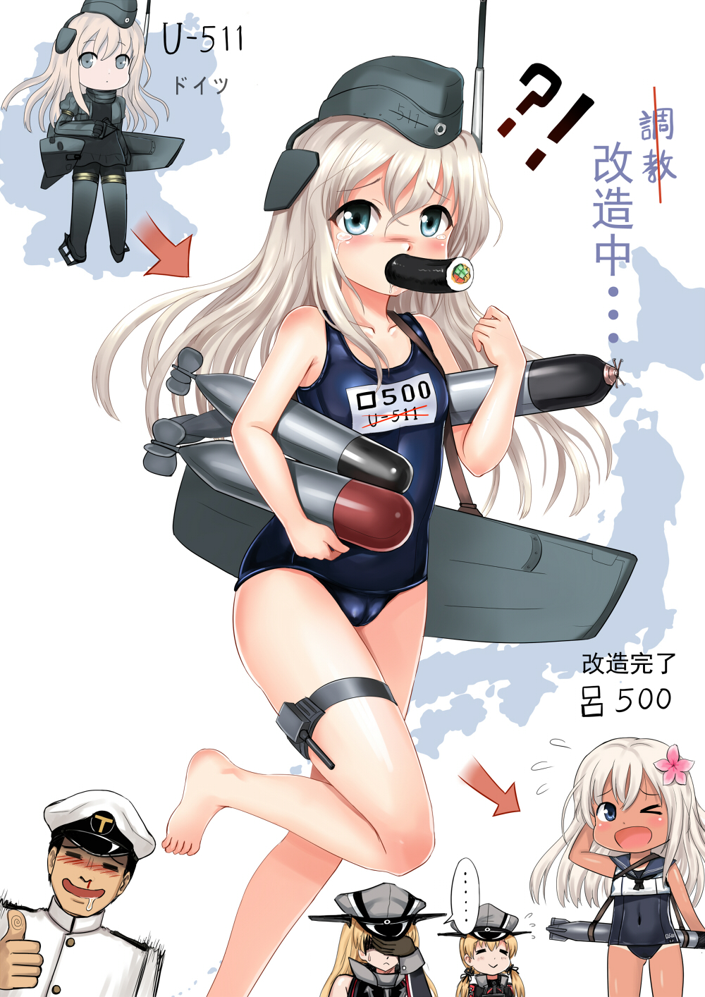 &gt;_o ... 1boy 3girls =_= admiral_(kantai_collection) arm_behind_head bare_legs barefoot bismarck_(kantai_collection) blonde_hair blood blue_eyes blush cameltoe collarbone covered_navel crop_top crossed_out directional_arrow drooling dual_persona evolution facepalm flying_sweatdrops food food_in_mouth garrison_cap germany hat highres holding ishikei_(style) japan kantai_collection leg_up long_hair makizushi military military_uniform mouth_hold multiple_girls name_tag nosebleed one-piece_swimsuit one_eye_closed open_mouth pantyhose peaked_cap prinz_eugen_(kantai_collection) ro-500_(kantai_collection) school_swimsuit school_uniform serafuku spoken_ellipsis standing standing_on_one_leg sushi sweatdrop swimsuit tan tears thigh_strap thumbs_up torpedo translated turret twintails u-511_(kantai_collection) uniform y.ssanoha