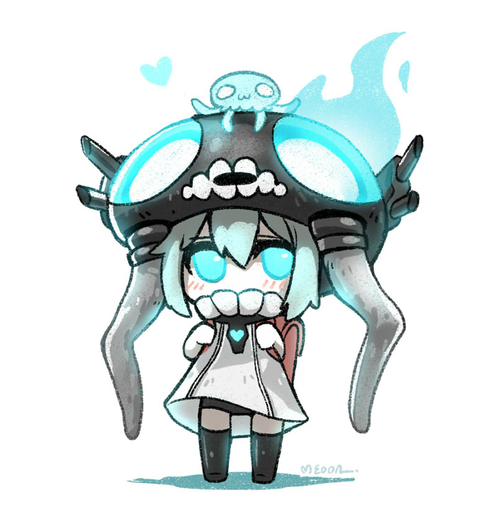 :3 animal animal_on_head backpack bag blue_eyes blue_hair chibi heart jellyfish kantai_collection meoon monster on_head pale_skin randoseru shinkaisei-kan short_hair solo tentacles thighhighs turret wo-class_aircraft_carrier younger