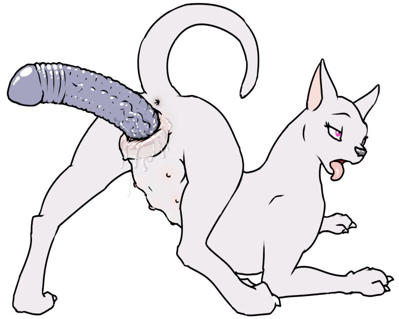 animal_genitalia anus breasts canine canine_pussy claws digitigrade dildo double_dildo female feral fur mammal multi_breast nipples open_mouth penetration pink_eyes plain_background pussy pussy_juice sex_toy solo tongue tongue_out vaginal vaginal_penetration white_background white_fur zevex