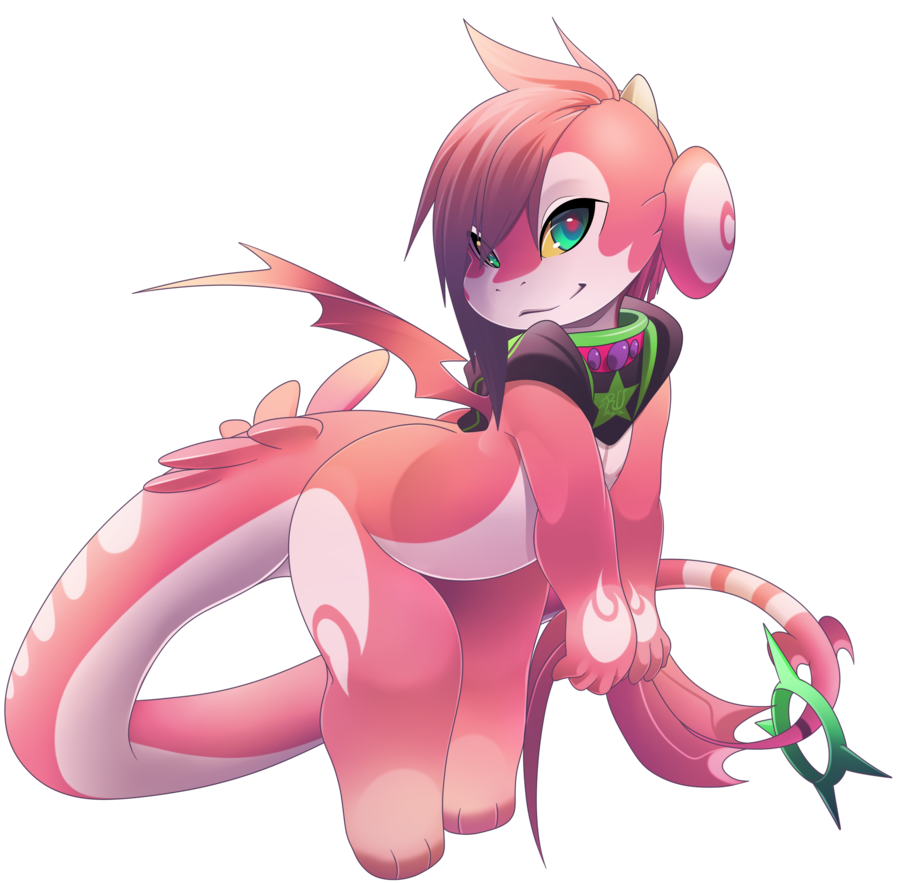 ambiguous_gender anthro blue_eyes collar dragon hair holding_tail hood horn looking_at_viewer pink_hair ru_(rudragon) rudragon scalie solo wings