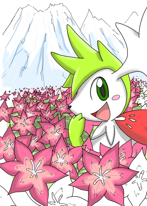 ambiguous_gender anthro black_nose blush cute feral flower fur green_eyes green_fur looking_at_viewer nintendo open_mouth plant pok&eacute;mon ripper_torsent shaymin shaymin_(sky_form) solo tongue tuft video_games white_fur