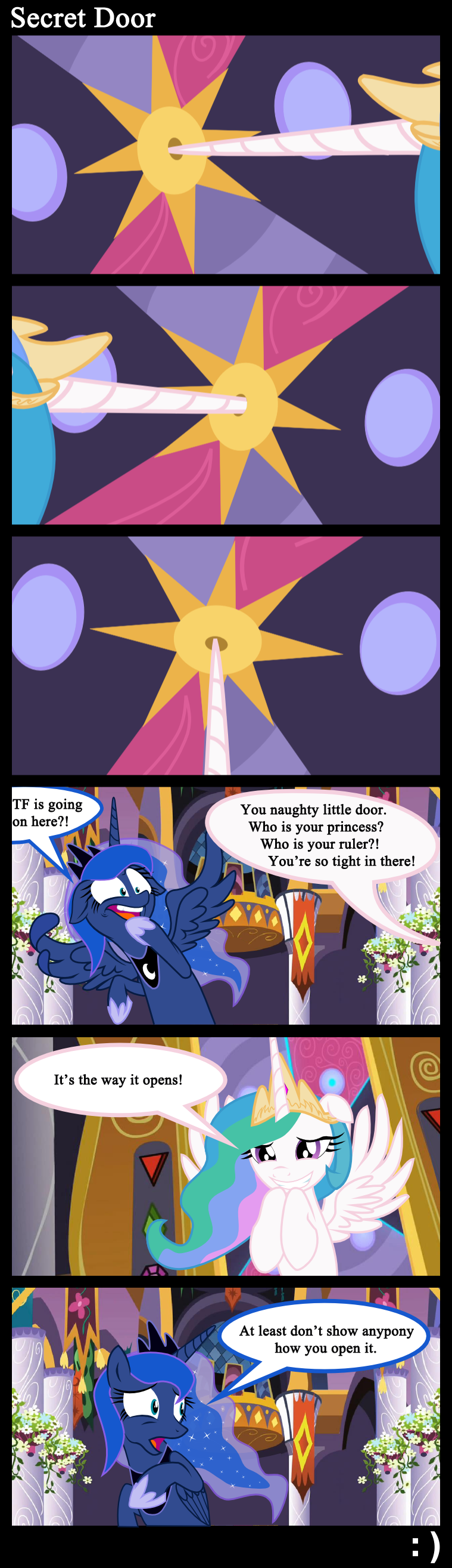 2015 castle comic duo english_text equine female feral friendship_is_magic hair horn long_hair mammal multicolored_hair my_little_pony princess_celestia_(mlp) princess_luna_(mlp) skrysal text winged_unicorn wings