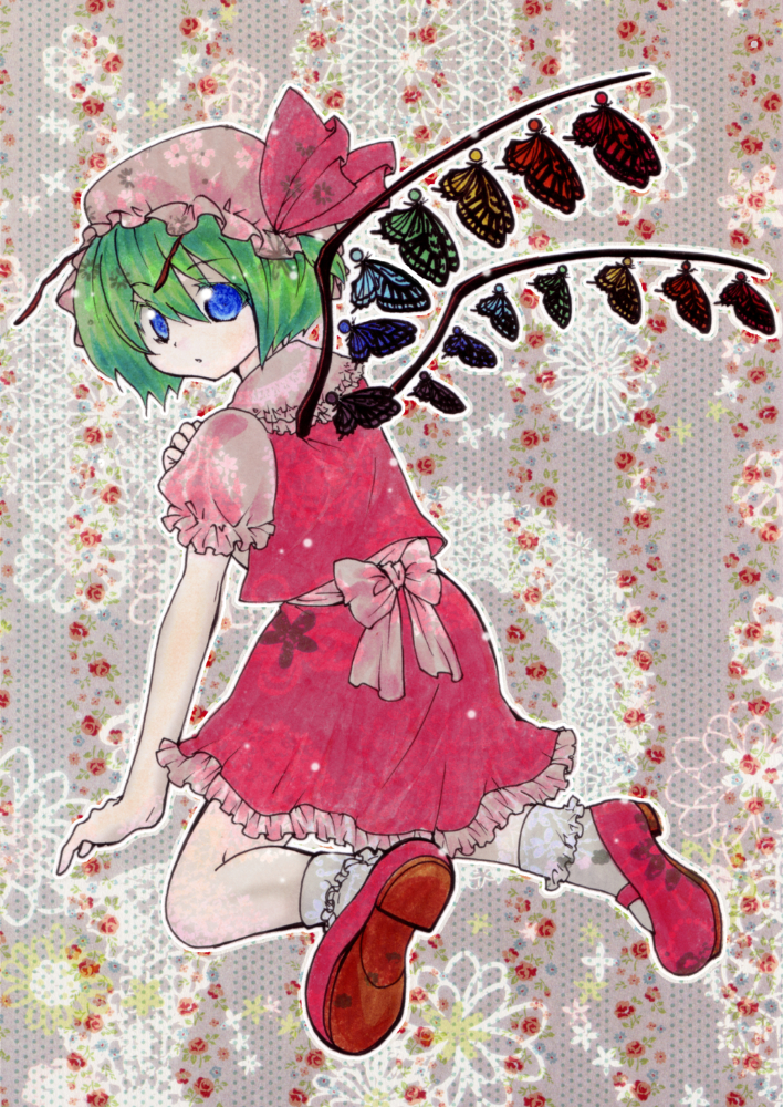 alternate_wings antennae bad_id bad_pixiv_id blue_eyes bug butterfly cosplay flandre_scarlet flandre_scarlet_(cosplay) green_hair hat insect itetaki mary_janes shoes short_hair solo touhou wings wriggle_nightbug