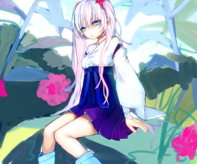 blue_eyes flower hydrangea japanese_clothes long_hair miko original pink_hair solo soono_(rlagpfl) twintails