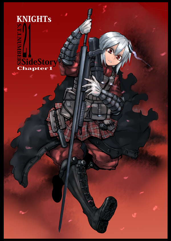 armor bad_id bad_pixiv_id boots gauntlets gloves gun load_bearing_vest original plaid red_eyes short_hair sigama silver_hair skirt solo weapon