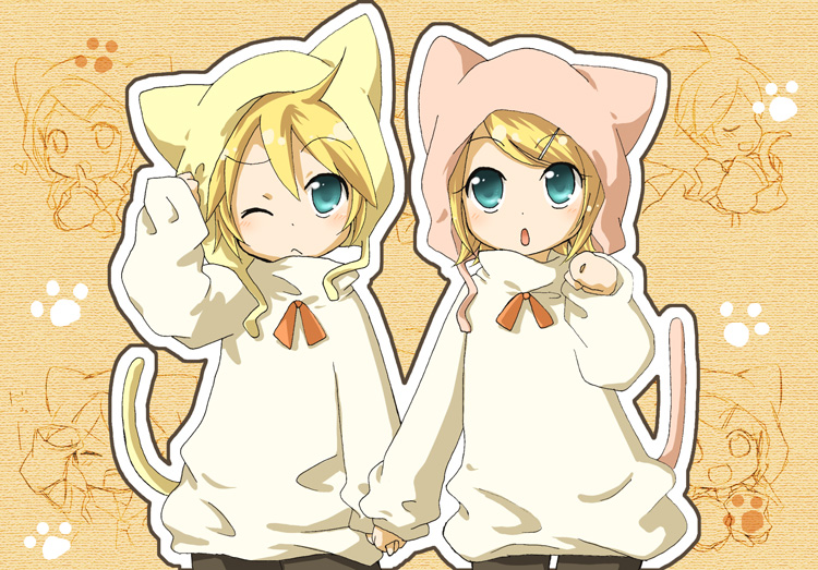 1girl animal_ears animal_hat aqua_eyes blonde_hair brother_and_sister cat_ears cat_hat child hat holding_hands izumi_yuu_(mee) kagamine_len kagamine_rin one_eye_closed short_hair siblings tail twins vocaloid
