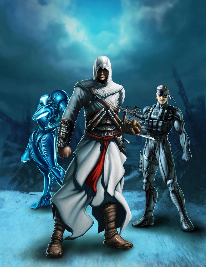2boys age_difference altair_ibn_la-ahad arm_cannon armor assassin's_creed assassin's_creed_(series) blue_sky bodysuit boots clenched_hand cloak cloud crossover dark_samus error eyepatch facial_hair fingerless_gloves full_armor gloves glowing gun hand_on_hip harness headband helmet holding holster hood joe_ng knee_pads knife leather leather_boots looking_at_viewer md5_mismatch metal_gear_(series) metal_gear_solid_4 metroid metroid_prime multiple_boys muscle mustache old_snake outdoors pauldrons power_suit rifle ruins samus_aran sash science_fiction shadow sheath sheathed short_hair silver_hair skin_tight sky solid_snake standing sword thigh_holster thigh_strap third-party_edit turtleneck udon_entertainment vambraces weapon