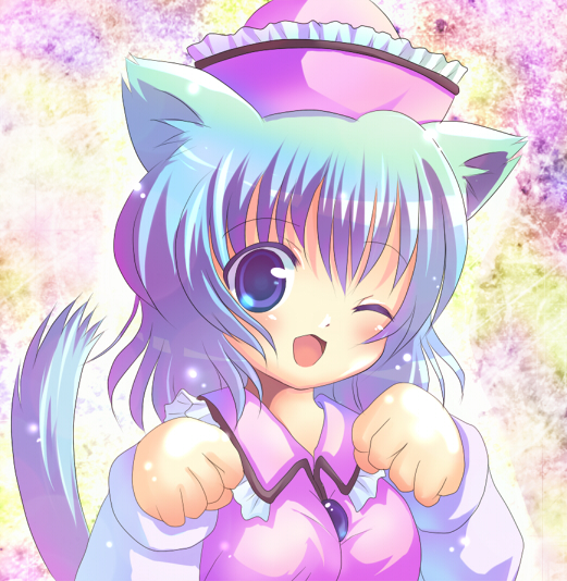 animal_ears bad_id bad_pixiv_id blue_hair cat_ears hat merlin_prismriver nibii_(panda) one_eye_closed paw_pose solo tail touhou