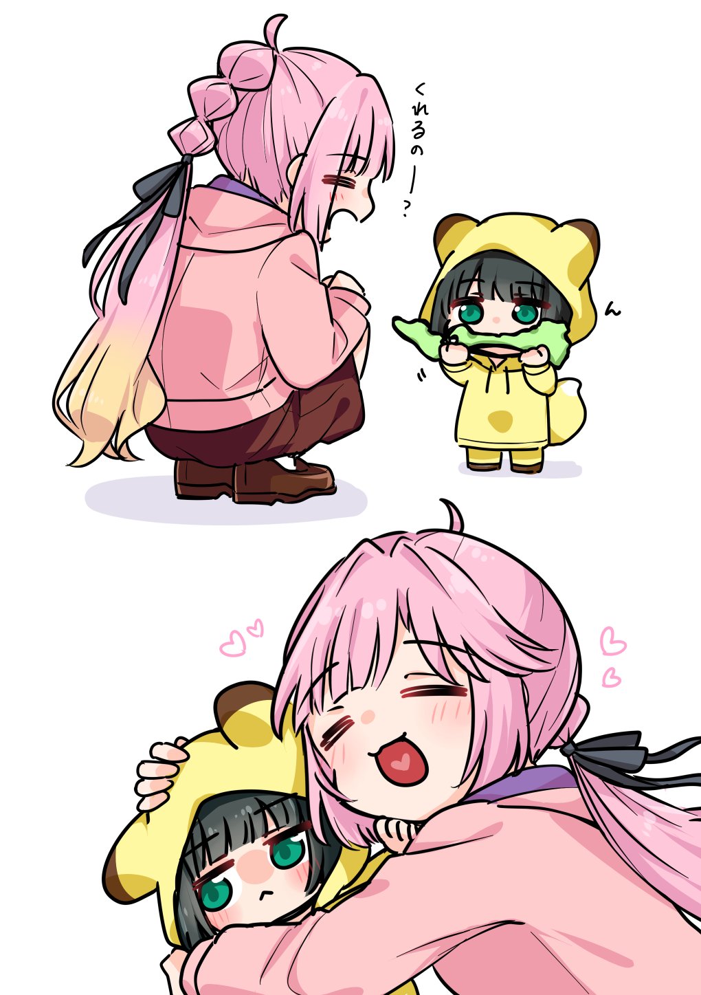 2girls :< =_= ahoge animal_ears animal_hood anyoji_hime averting_eyes black_hair black_ribbon blonde_hair blunt_bangs blunt_ends bob_cut brown_dress chibi closed_mouth dress fox_ears fox_hood fox_tail frown gradient_hair green_eyes hair_intakes hair_ribbon hasu_no_sora_school_uniform heart heart_in_mouth highres holding holiday_holiday_(love_live!) hood hooded_jacket hoodie hug ishikawa_prefecture jacket jitome link!_like!_love_live! long_hair long_sleeves love_live! medium_dress momose_ginko multi-tied_hair multicolored_hair multiple_girls open_clothes open_jacket pants pink_hair pink_jacket pleated_dress ponytail ribbon school_uniform short_hair sidelocks simple_background squatting standing swept_bangs tail very_long_hair virtual_youtuber white_2530 white_background winter_uniform yellow_hoodie yellow_pants
